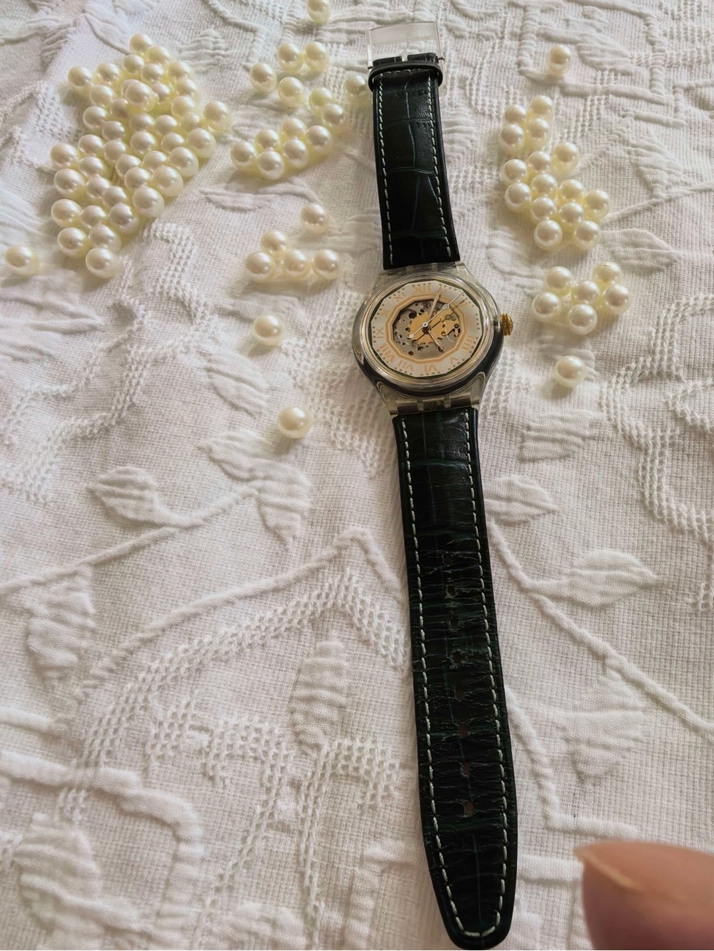 Swatch Women's Black Strap Watch with Cream Dial